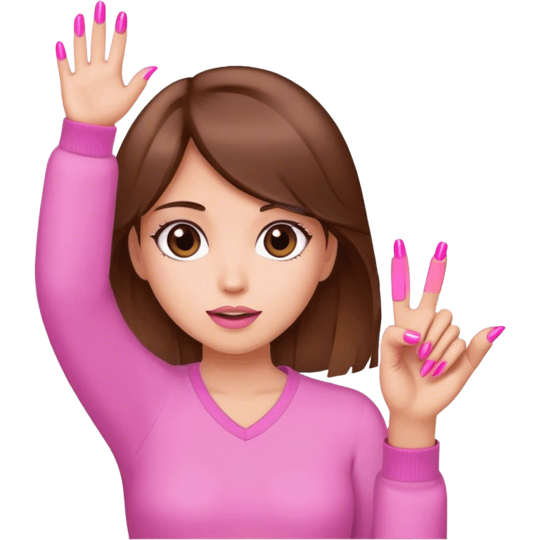 Girl brown hair with her hand up with pink nails emoji