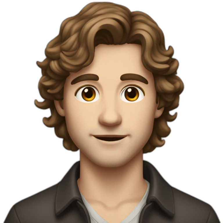 Young men type italian, White skin, with long wavy brown hair (Which go down behind to the nape of the neck), Little bit dezoom emoji