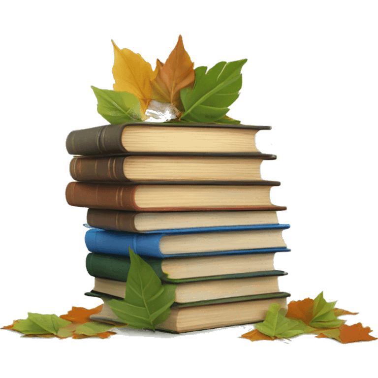  A stack of miniature books with leaves scattered around. emoji