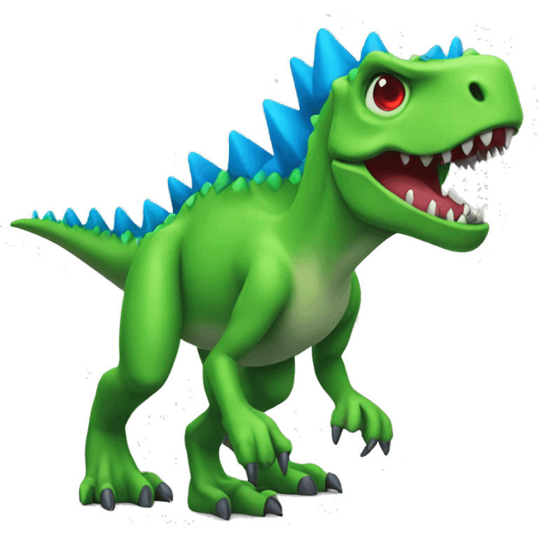 a green trex with blue spikes and full  red eyes, full body
 emoji