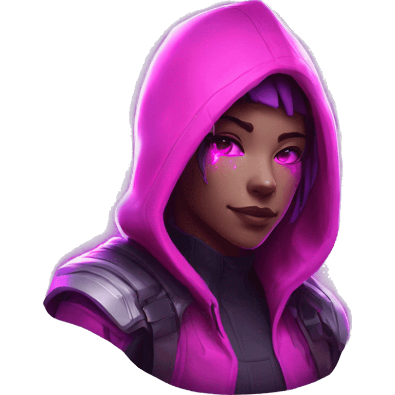 developer behind his laptop with  this style : crysis Cyberpunk Valorant neon glowing bright pink girl character dark pink purple white hooded assassin themed character emoji