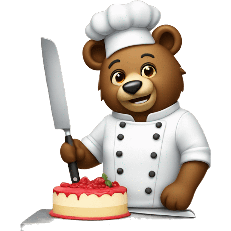 a bear chef slicing a cake on a cutting board  emoji