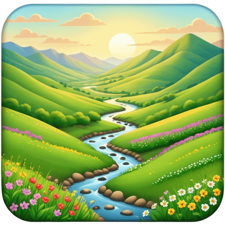 Cinematic Realistic Valley Emoji, Lush and serene, with gently sloping hills surrounding a vibrant green valley filled with wildflowers and a small stream. The soft, golden sunlight filters through the valley, casting peaceful, warm shadows across the landscape. Soft glowing outline, capturing the essence of natural peace and gentle beauty in a sprawling valley. emoji