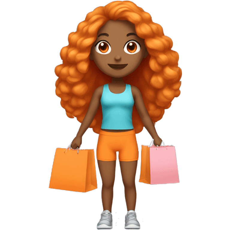 Tan girl with long orange hair wearing cute gym outfit holding shopping bags emoji