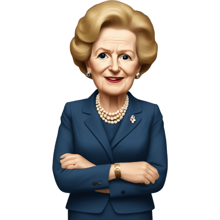 Margaret Thatcher with full body with arms crossed and smiling emoji