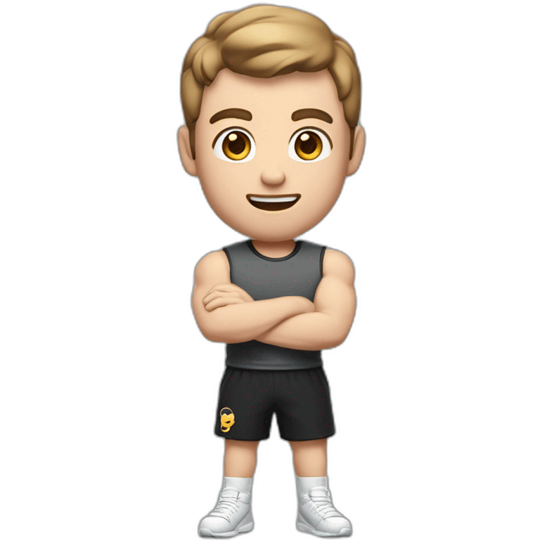 Close up Actively gesturing  with hands Pale skinned Fit Man With the biceps and brown hair in dark gray Sleeveless Mike, black oversize sports shorts, watch and white Sneakers emoji