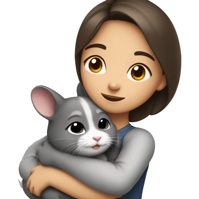 Girl with brunette hair in hug with chinchilla  emoji