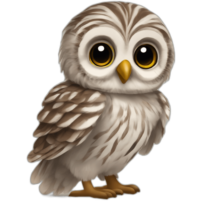 Baby Barred owl with fuzzy feathers with wide adorable eyes emoji