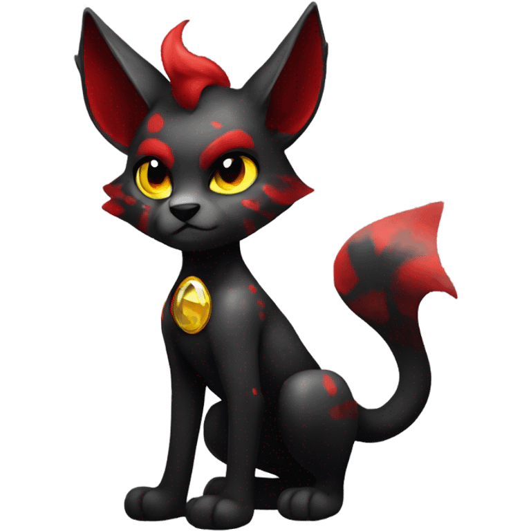 black Shiny Fionbri-Falvie-sparkle-sona with yellow eyes, red edgy markings full body fursona emoji