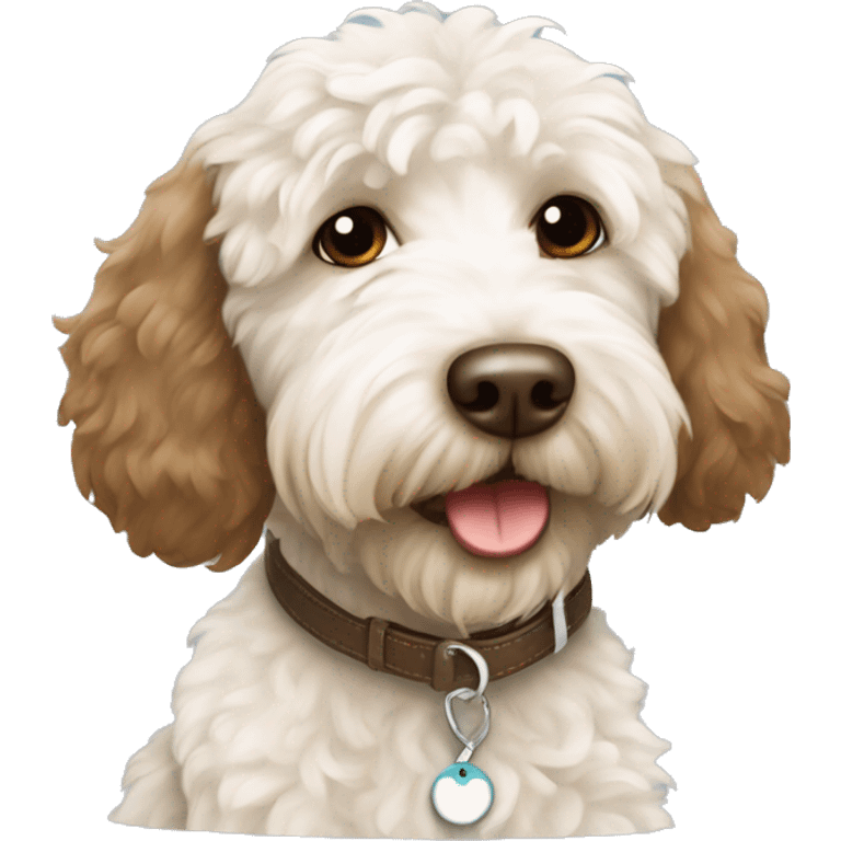 White and brown labradoodle with name tag labelled Ziggy emoji