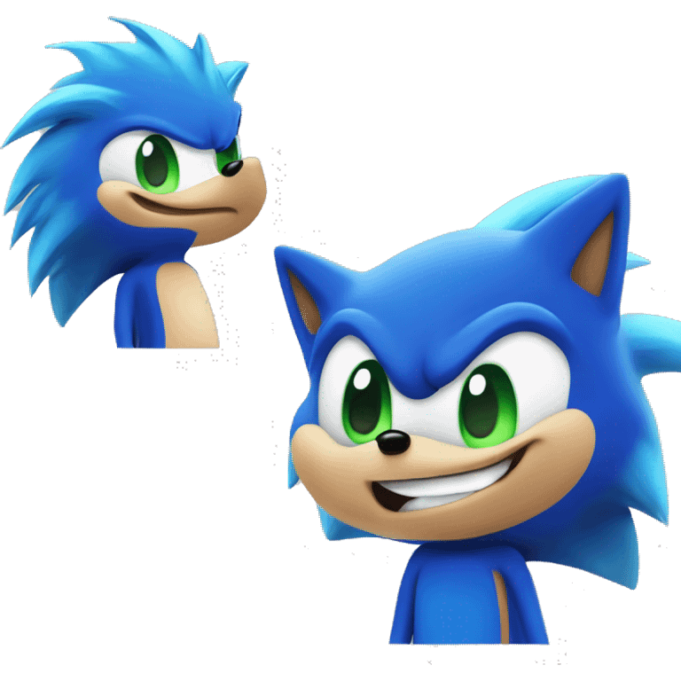 Sonic the Hedgehog,a blue hedgehog with green eyes and blue fur he has 3 spines in the middle 2 up and down he has a smirk and a black round nose emoji