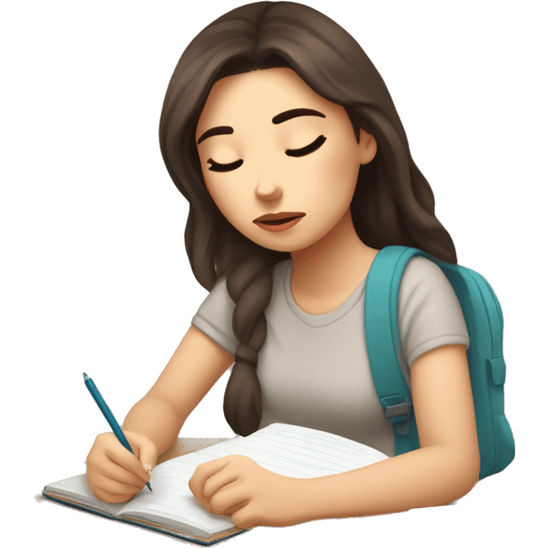 Tired girl brunette student writing an outline in a notebook and wants to sleep Tired girl brunette student writing an outline in a notebook and wants to sleep  emoji