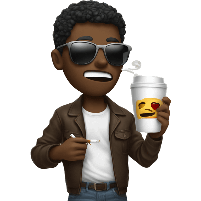  brutal boy in sunglasses holds a cup of coffee and has a cigarette in his mouth emoji