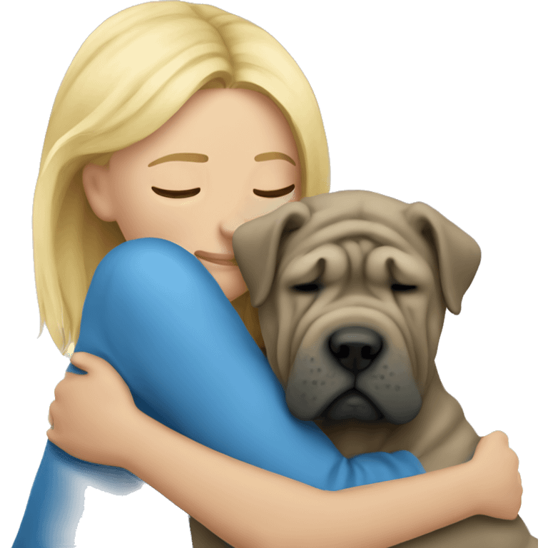 Blonde woman crying and cuddling blue Shar Pei  emoji