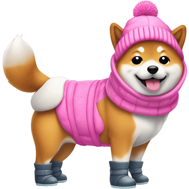 Shiba inu dog wearing snow boots and pink beanie emoji