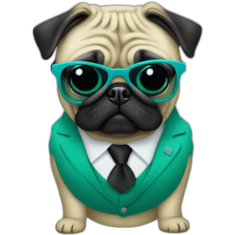 dog pug-in-gradient-green-blue-suit-with-and-black-sunglasses-standing-with-black-shoes emoji