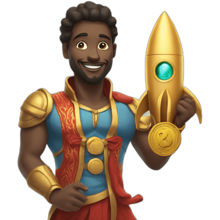 genie with a unnamed coin in his hand on a rocket emoji