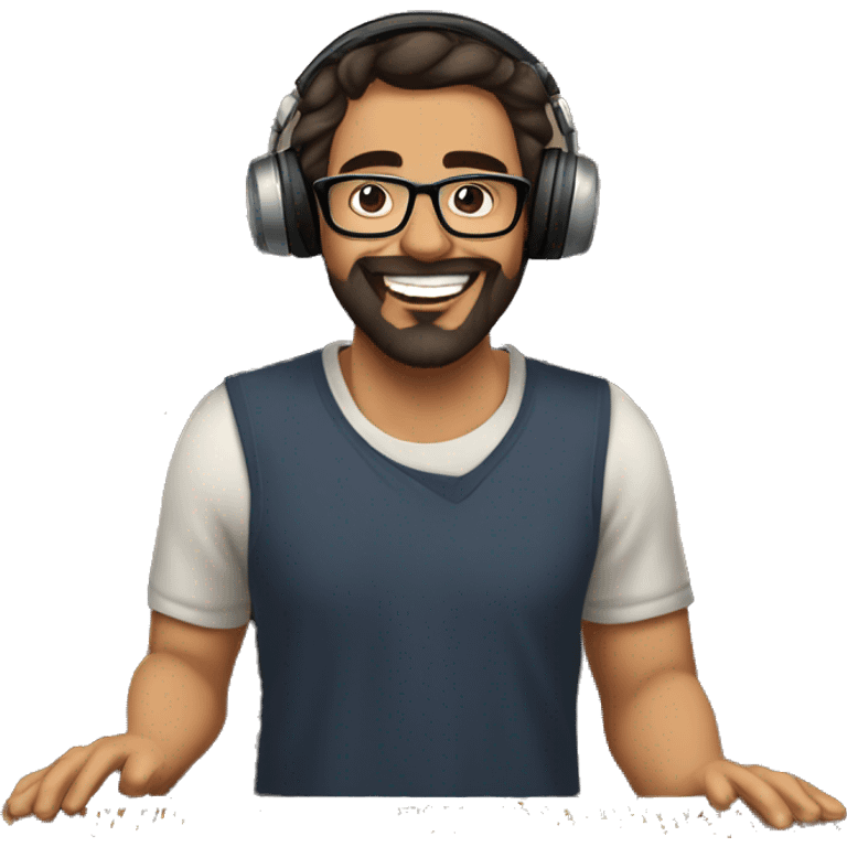 A vibrant, cartoon-style illustration of a young man with dark hair, glasses, and a trimmed beard, happily working at a mixing console in a cozy, modern music studio with warm tones and soft natural light. emoji