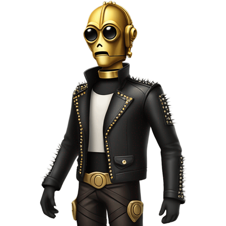 rough and tough c3Po wearing Satan’s leather biker outfit with hat walking emoji