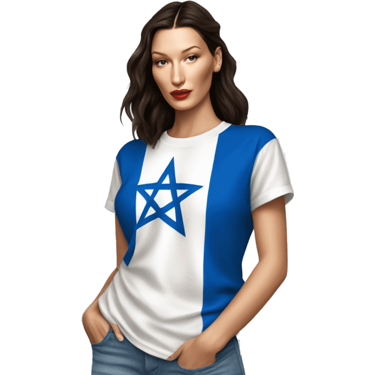 Bella hadid wearing t shirt with Israeli flag, full body emoji