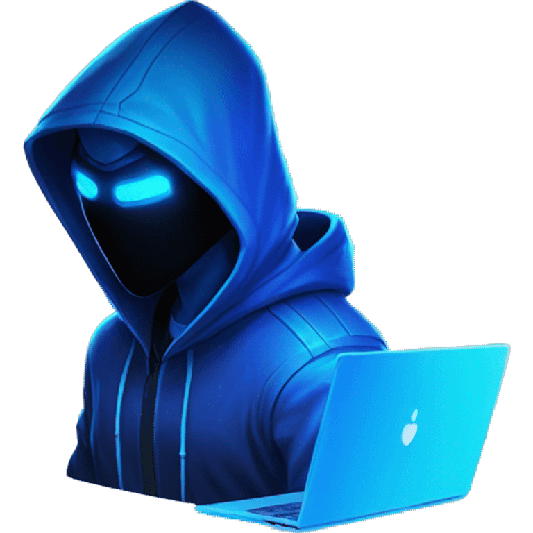 Side view developer behind his laptop with this style : Riot Games Valorant neon glowing bright blue character blue black hooded assassin themed character emoji