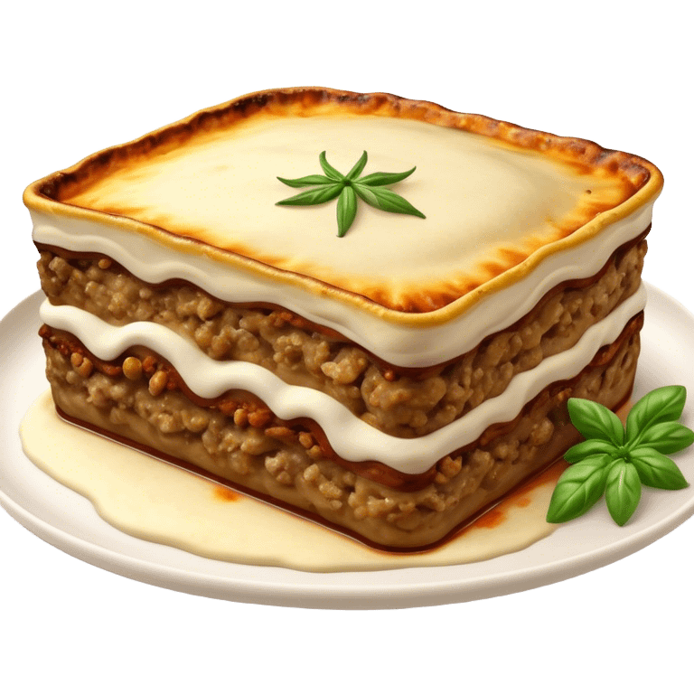 Moussaka Cinematic Realistic Moussaka Dish Emoji, depicted as a rustic serving of moussaka with layers of soft eggplant, ground meat, and a creamy topping featuring a delightfully crispy corner, rendered with rich textures and warm, inviting lighting. emoji