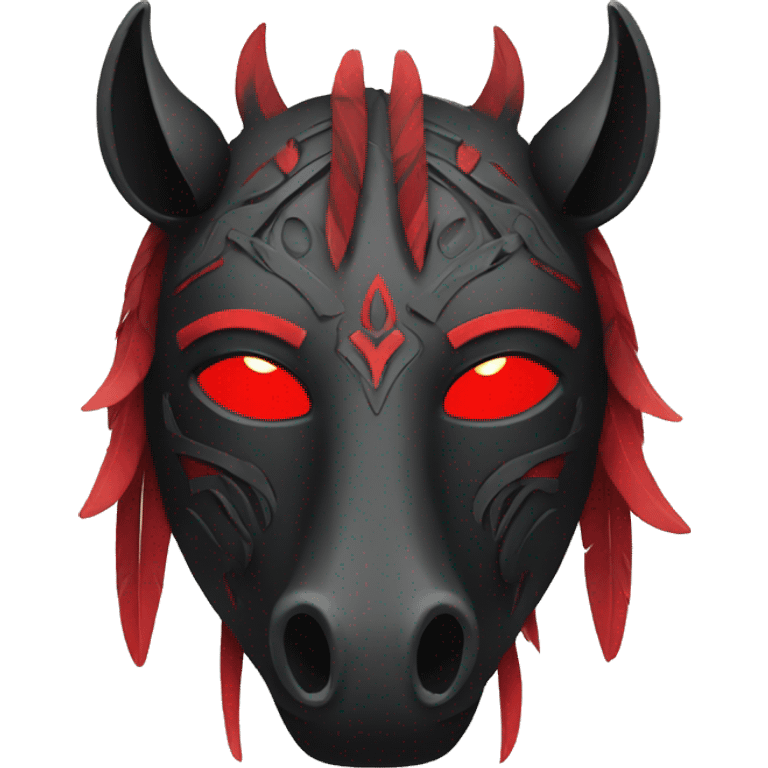 Black tribal mask of a horse with red eyes in front emoji