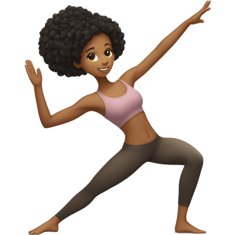 Tan girl curly black hair in yoga pose one leg tucked near groin emoji