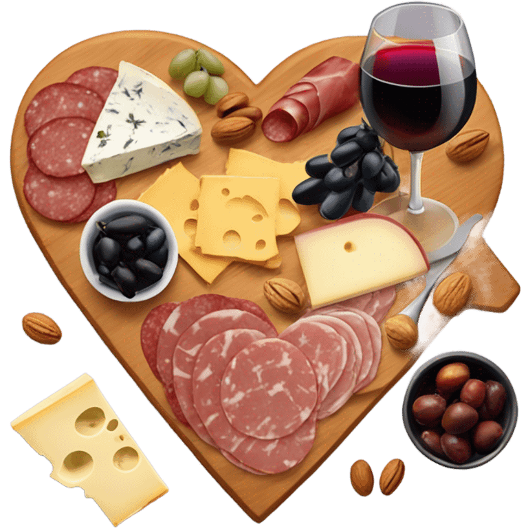 cute heart shaped charcuterie board with wine emoji