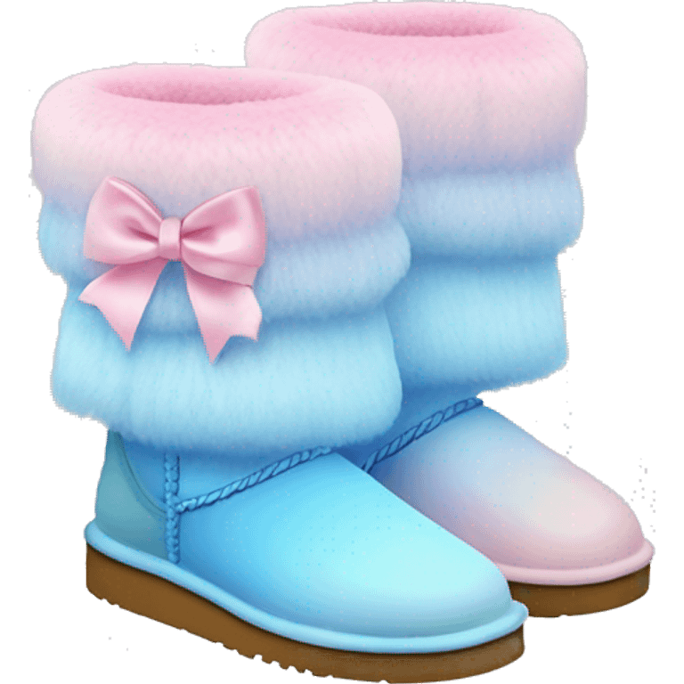 Realistic pair of pastel pink to pastel blue ombre fur Ugg boots with silk ribbon bows. emoji