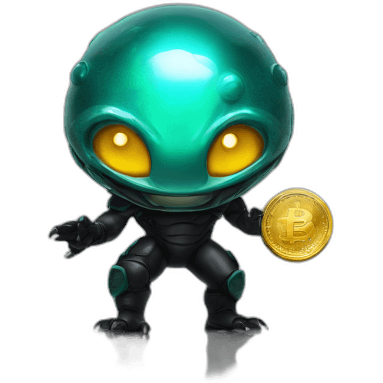 Aquamarine reptiloid in black suite with laser eyes on the golden coin in background emoji