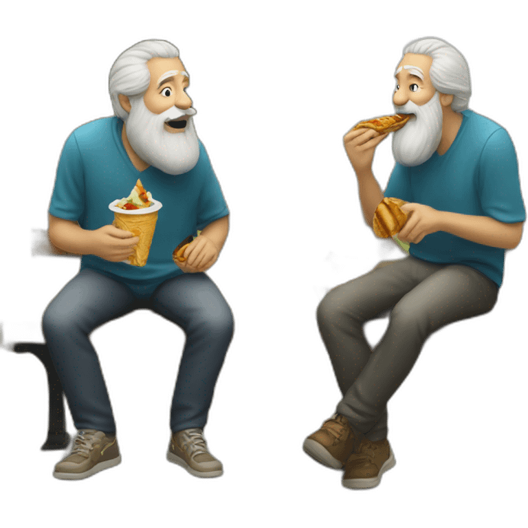 two old beard men eating shawarma on a bench on a park emoji