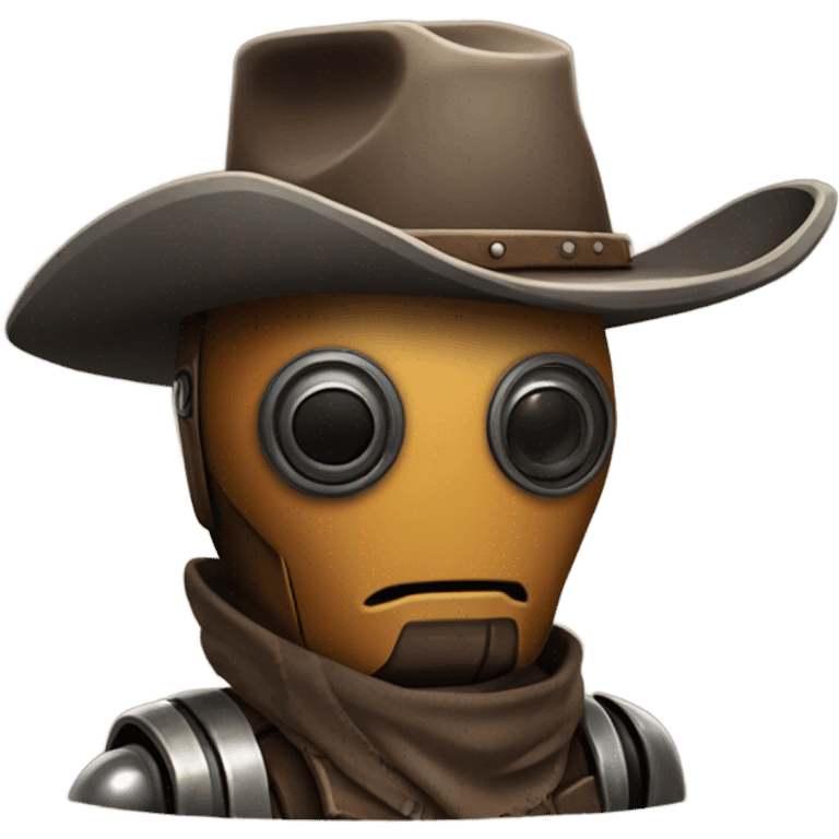 human-sized wild west Bounty hunter cowboy droid wearing a small hat relaxed pose bearded rusty emoji