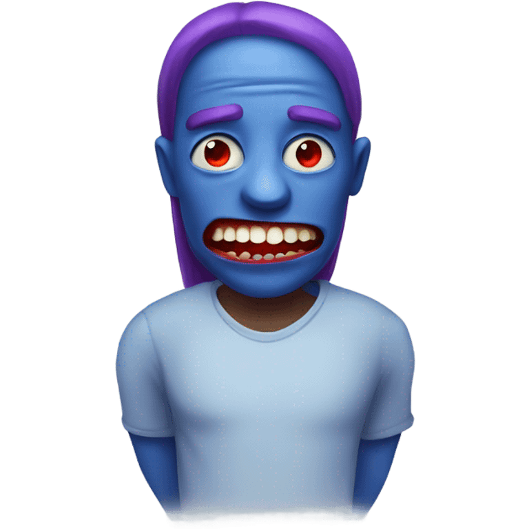 blue person with giant red eyes and purple teeth emoji