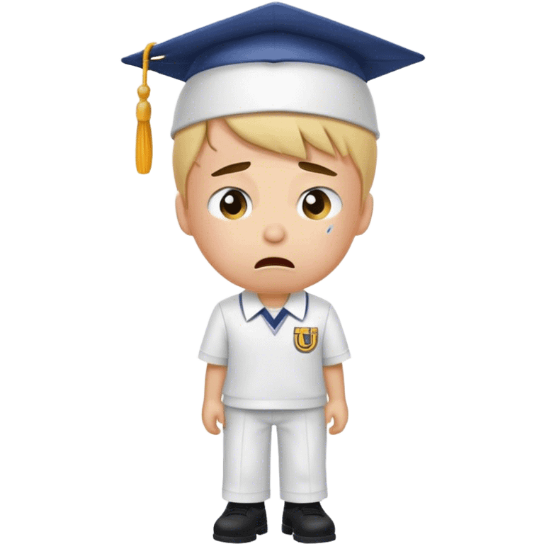 Create an emoji of a student with white skin tone crying. He is wearing a university uniform, including a shirt and pants and hat. The man is visibly upset, with tears streaming down his face. The background should be simple to emphasize his emotional state, conveying the feeling of being overwhelmed with school stress or personal struggles emoji