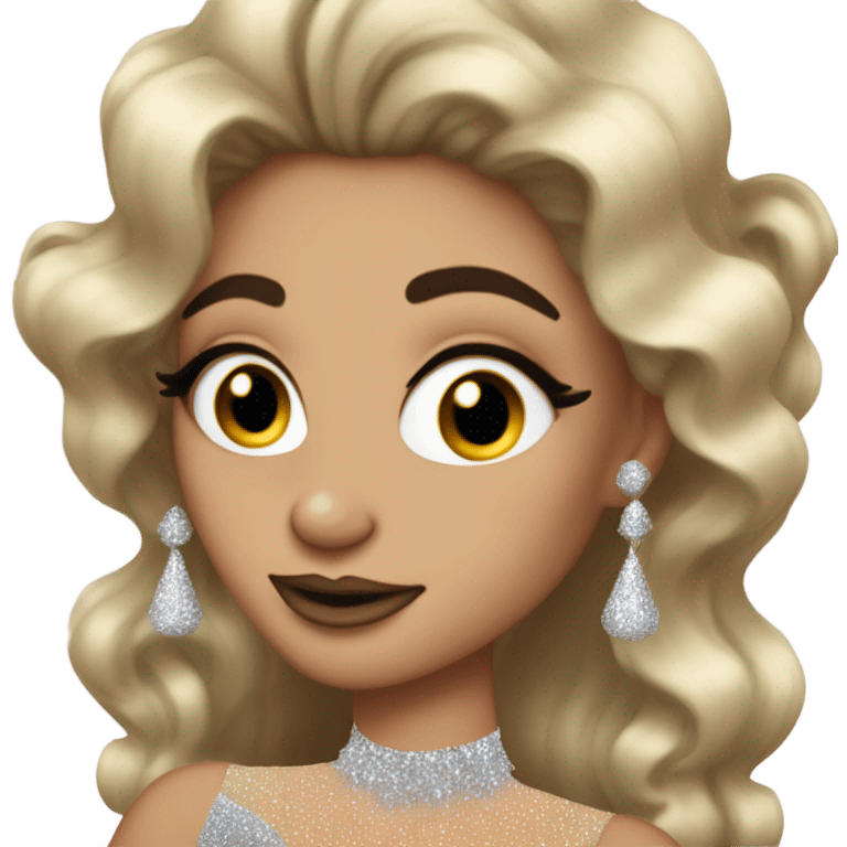 A drag queen with huge long hair and a glittery dress, putting on blusher from a compact emoji