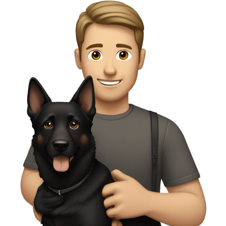 man with little brown hair carrying a black German shepherd dog emoji