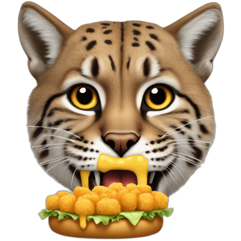 Bobcat eating a cheeseburger with a side of tater tots emoji