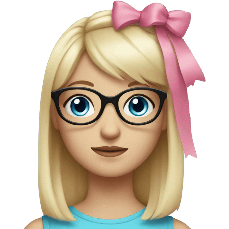 girl with blue eyes, black glasses, blonde hair with a fringe, pink top and pink bow in her hair emoji