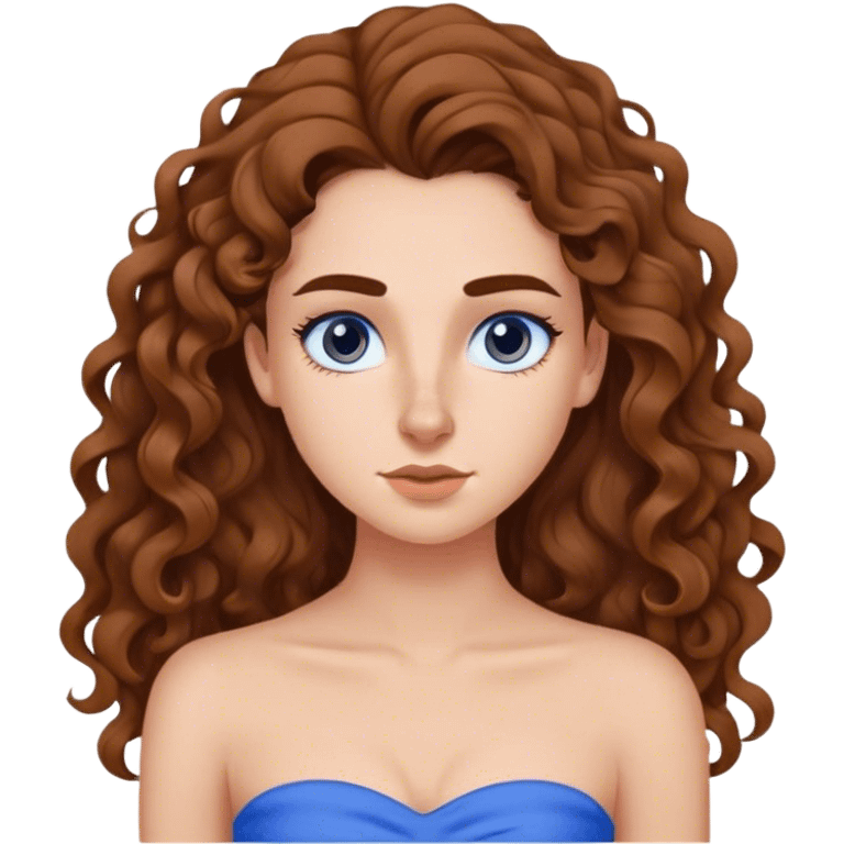 menina branca de cabelo cacheado castanho longo,  com nariz fino e empinado  com uma blusa tomara que caia azul ,sobrancelhas marcantes emoji