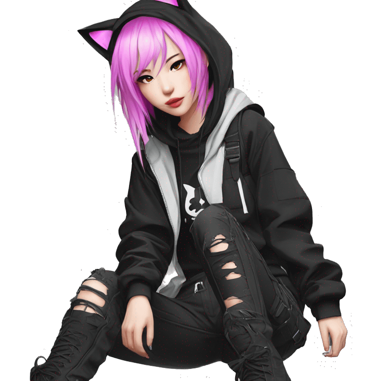 Edgy beautiful pretty anime punk tomboy with cat ears techwear cargo pants hoodie emoji