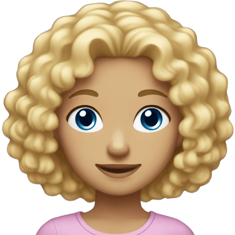 A girl with blond curly hair below the shoulders, light-skinned, blue eyes, gentle smile emoji