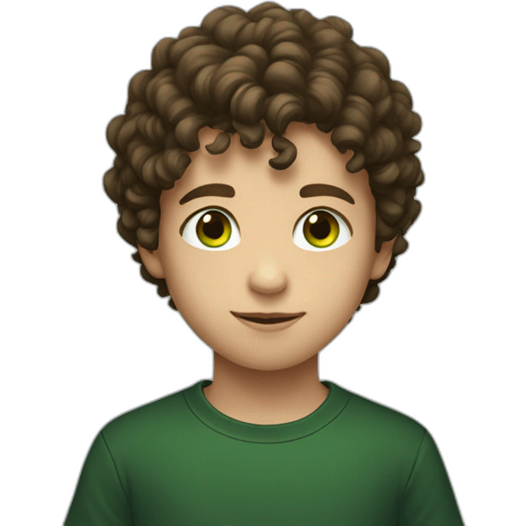 Young boy with short brown curly hair and black tee shirt and green eyes emoji