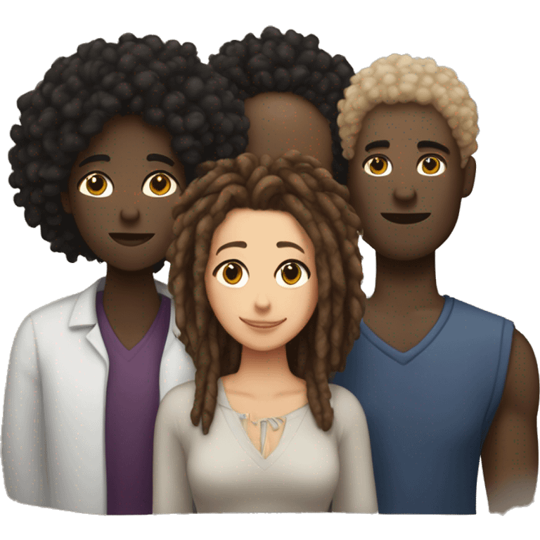 A throuple with one tall large light skinned back man with dreadlocks, a dark skinned large woman with short afro hair, and a dark skinned nonbinary with short locks, embracing each other  emoji