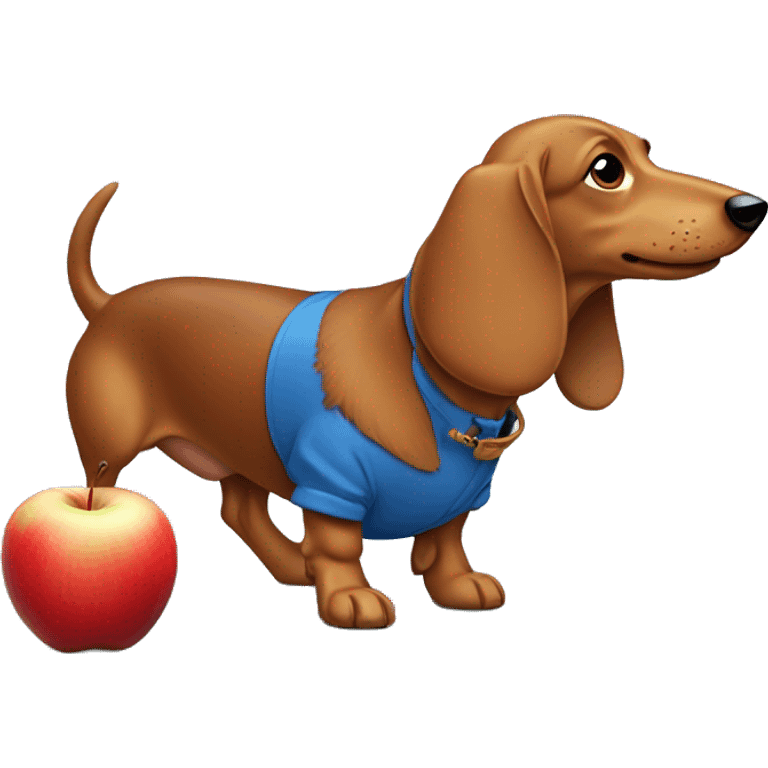 Wiener dog wearing a blue shirt with an apple in its mouth emoji