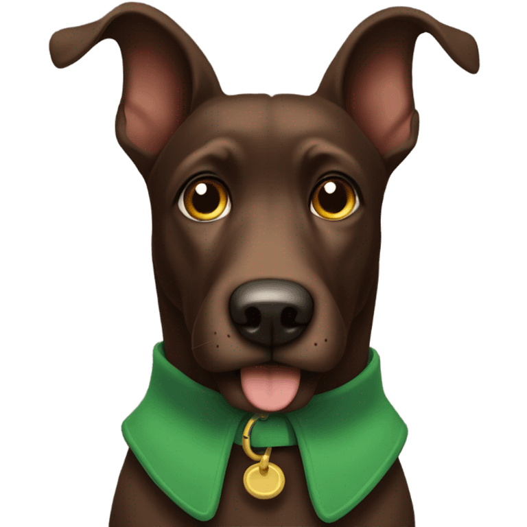 Old Dark Brown dog with floppy ears, and a green collar and a brown nose  emoji