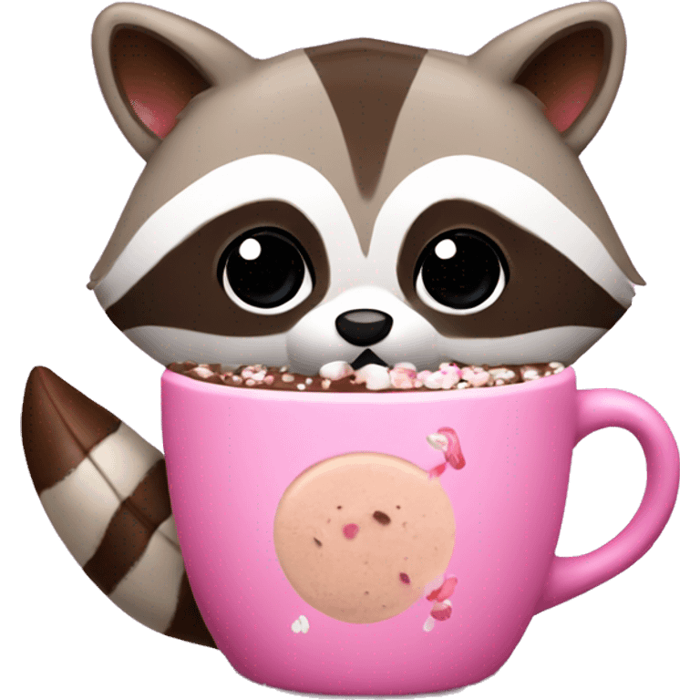 Pink raccoon with hot cocoa emoji