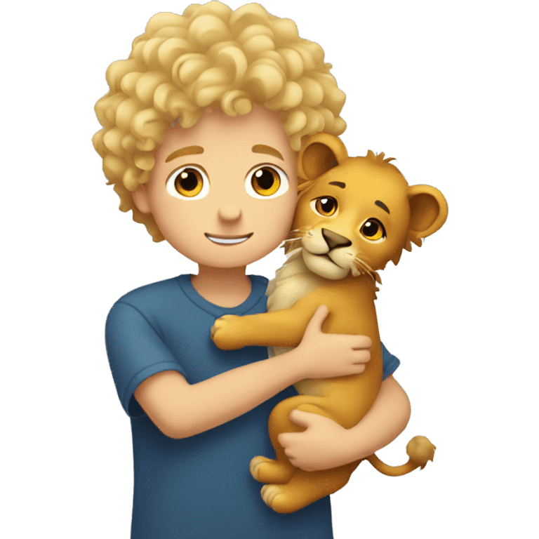 curly short hair blonde boy hugging a lion emoji