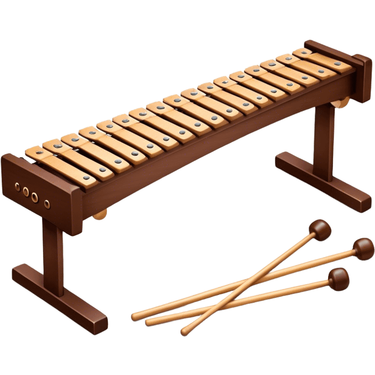 Create a detailed and professional emoji representing a Fleet FLT-SX37 orchestral long wooden xylophone. The design should showcase the large, wooden bars of the xylophone arranged in a traditional layout, with a polished, smooth finish. The bars should be dark brown or mahogany, with soft metallic reflections on the resonators underneath. Include two mallets with rubber or wooden heads resting on the bars, emphasizing their role in striking the notes. The xylophone should have a sophisticated and professional appearance, with clean lines and a polished look. Add subtle musical notes or sound waves to represent the vibrant sound produced by the instrument. The background should be transparent. emoji