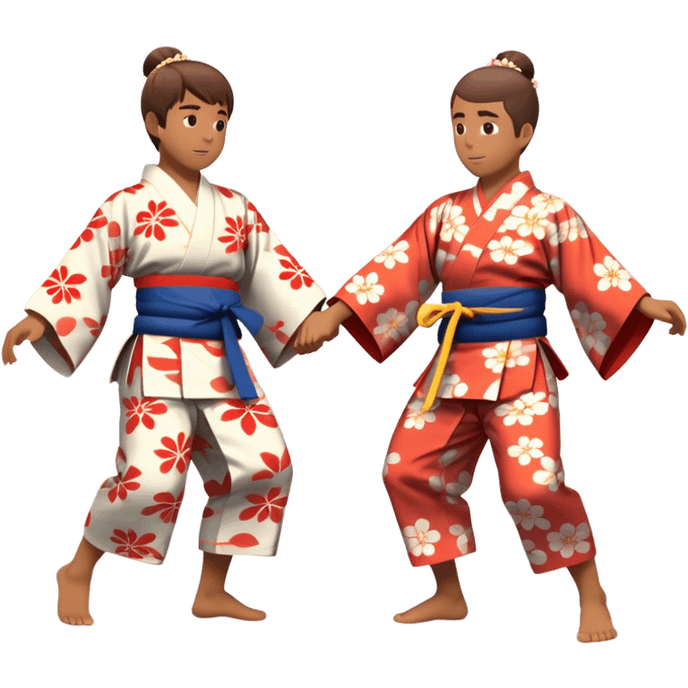 Cinematic Realistic scene of two performers engaging in Bon Odori, dressed in traditional yukata with intricate summer patterns, captured in graceful, rhythmic motion with warm, festive lighting emoji